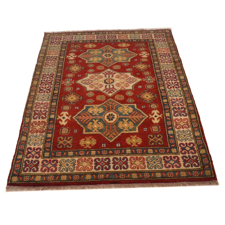 Red Afghan Kazak Rug 3' 3" x 4' 8" Hand-Knotted | No. AL61132