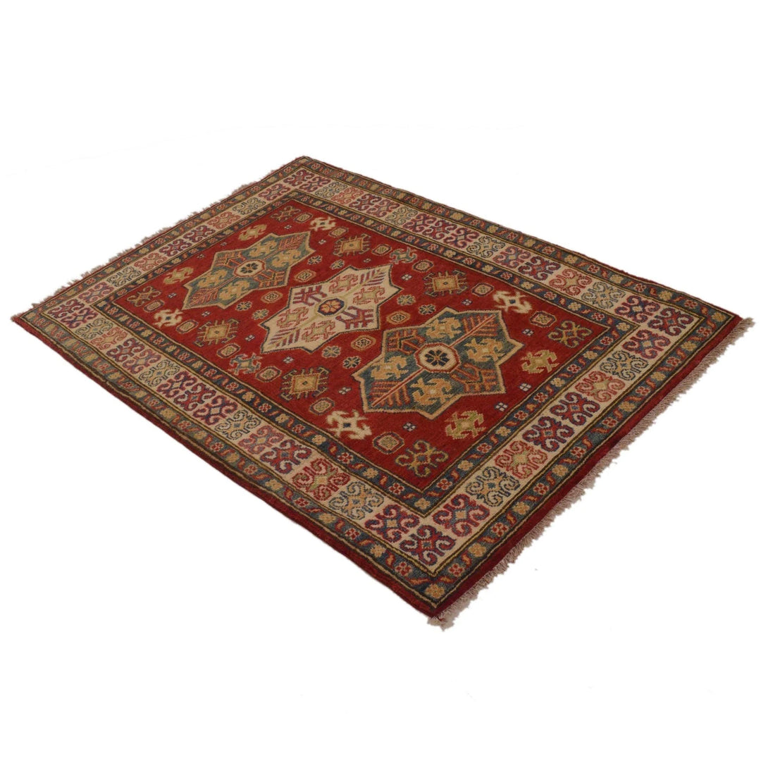 Red Afghan Kazak Rug 3' 3" x 4' 8" Hand-Knotted | No. AL61132