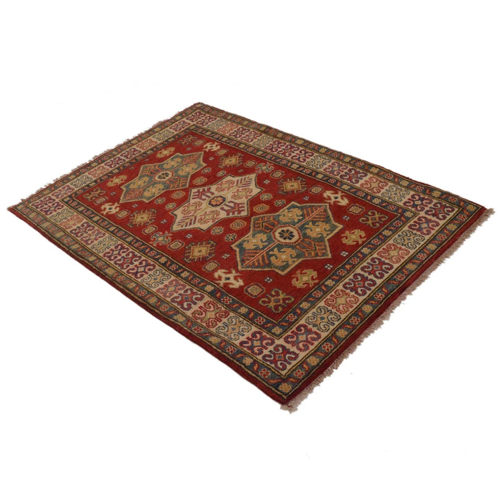 Red Afghan Kazak Rug 3' 3" x 4' 8" Hand-Knotted | No. AL61132