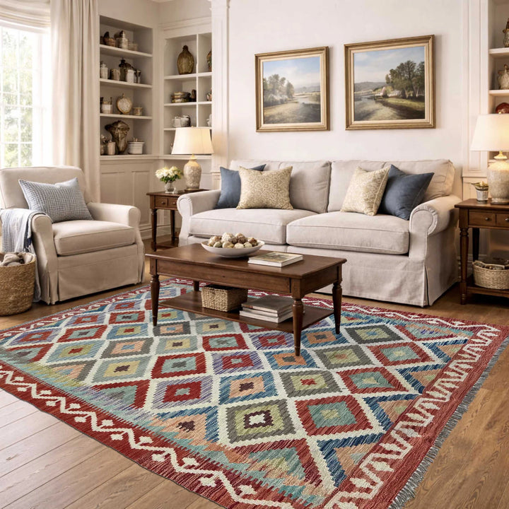Afghan Vegetable Kilim Rug 4' 11" x 6' 8" Flat-Weave | No. AL61283