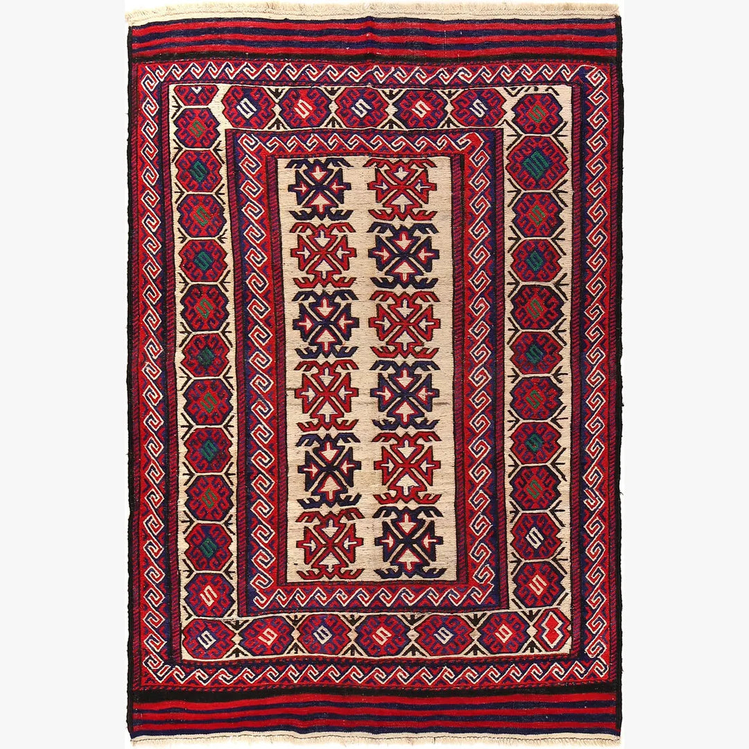 Beige Afghan Saghari Rug 4' 4" x 6' 3" Flat-Weave | No. AL61292