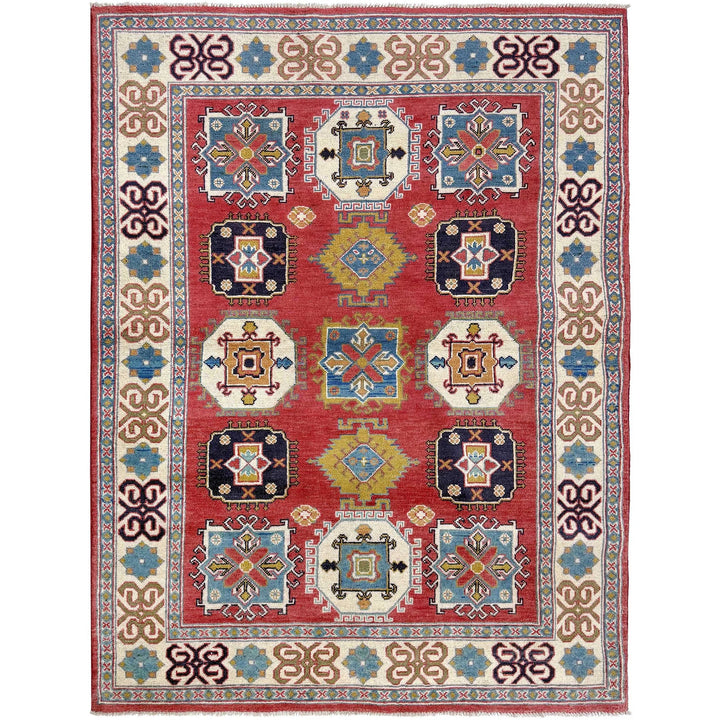 Red Afghan Kazak Rug 5' 0" x 6' 6" Hand-Knotted | No. AL61472