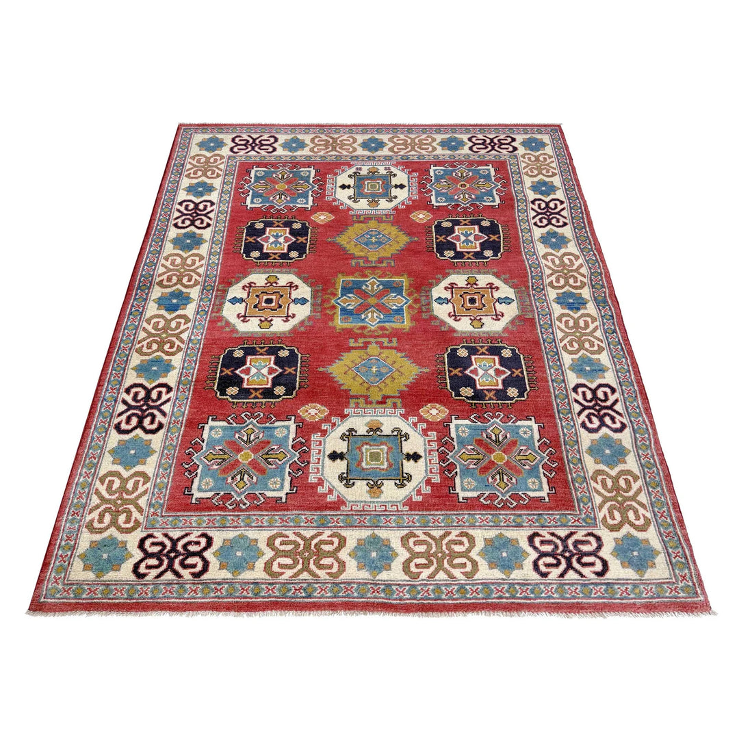 Red Afghan Kazak Rug 5' 0" x 6' 6" Hand-Knotted | No. AL61472