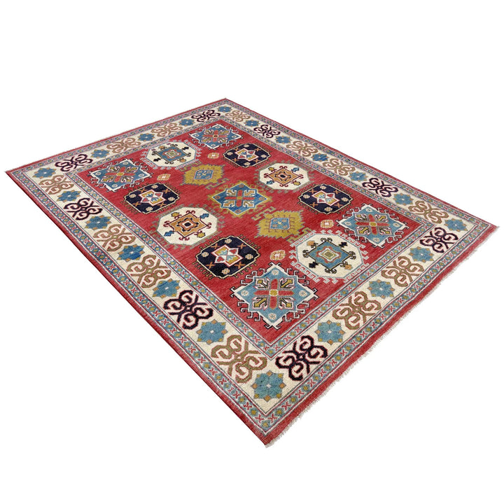 Red Afghan Kazak Rug 5' 0" x 6' 6" Hand-Knotted | No. AL61472