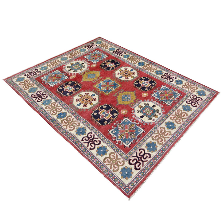 Red Afghan Kazak Rug 5' 0" x 6' 6" Hand-Knotted | No. AL61472