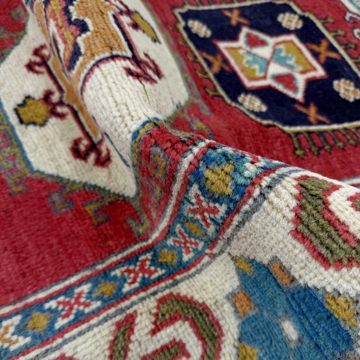 Red Afghan Kazak Rug 5' 0" x 6' 6" Hand-Knotted | No. AL61472