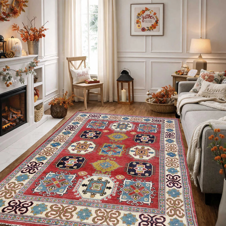 Red Afghan Kazak Rug 5' 0" x 6' 6" Hand-Knotted | No. AL61472