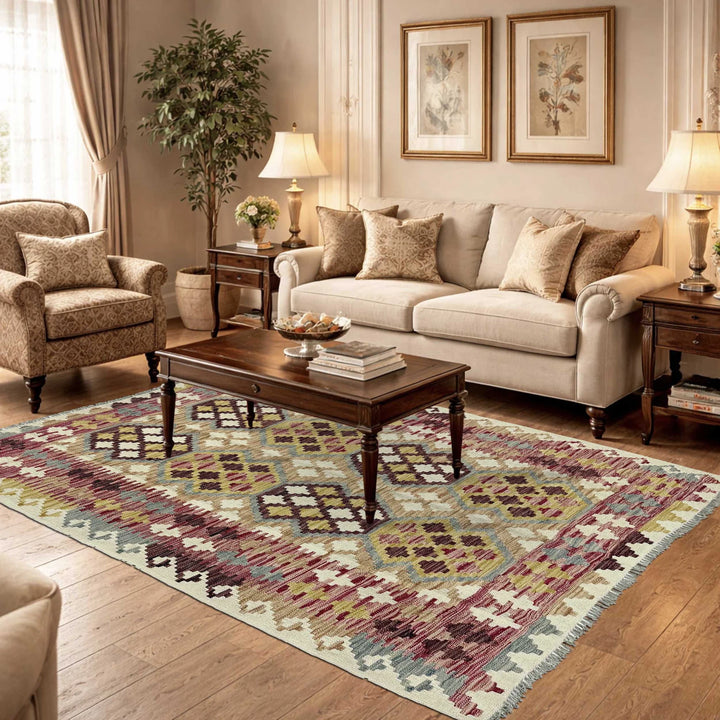 Afghan Vegetable Kilim Rug 5' 0" x 6' 5" Flat-Weave | No. AL615450