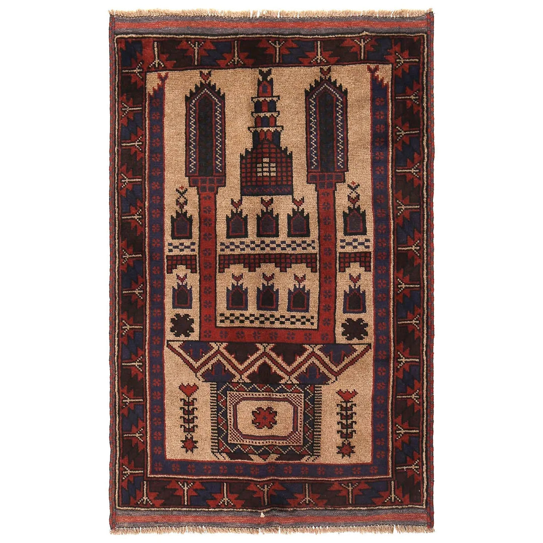Beige Afghan Prayer Rug 2' 11" x 4' 3" Hand-Knotted | No. AL61551