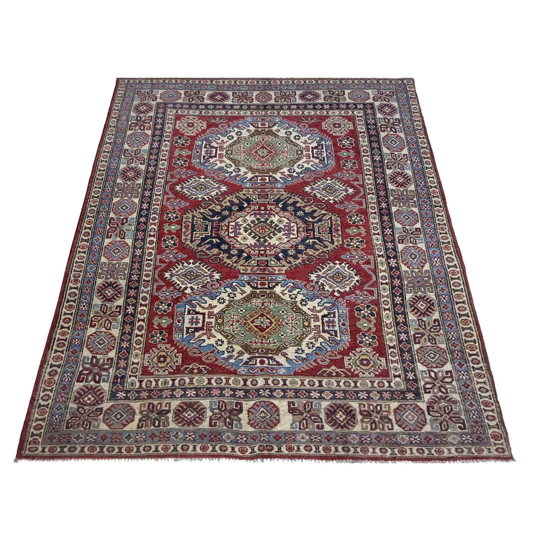 Red Afghan Kazak Rug 4' 11" x 7' 3" Hand-Knotted | No. AL61616