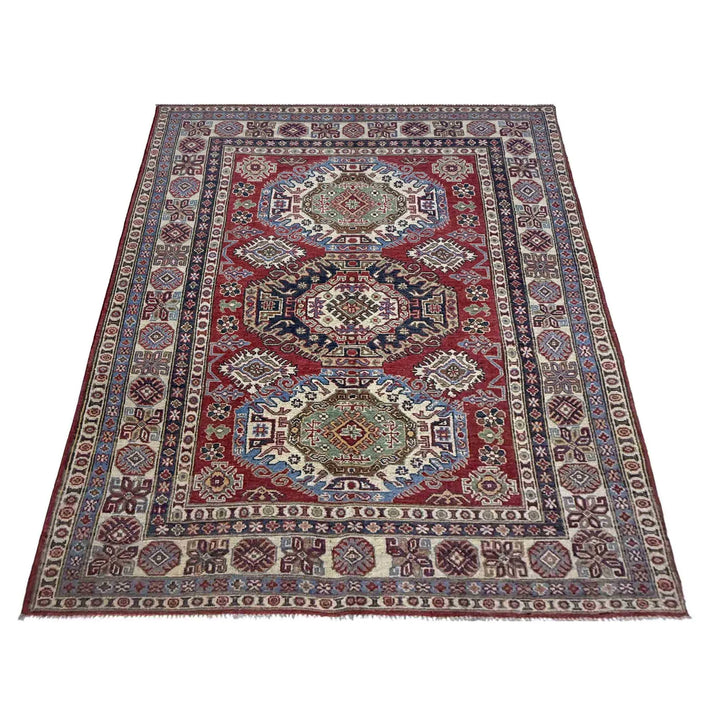 Red Afghan Kazak Rug 4' 11" x 7' 3" Hand-Knotted | No. AL61616