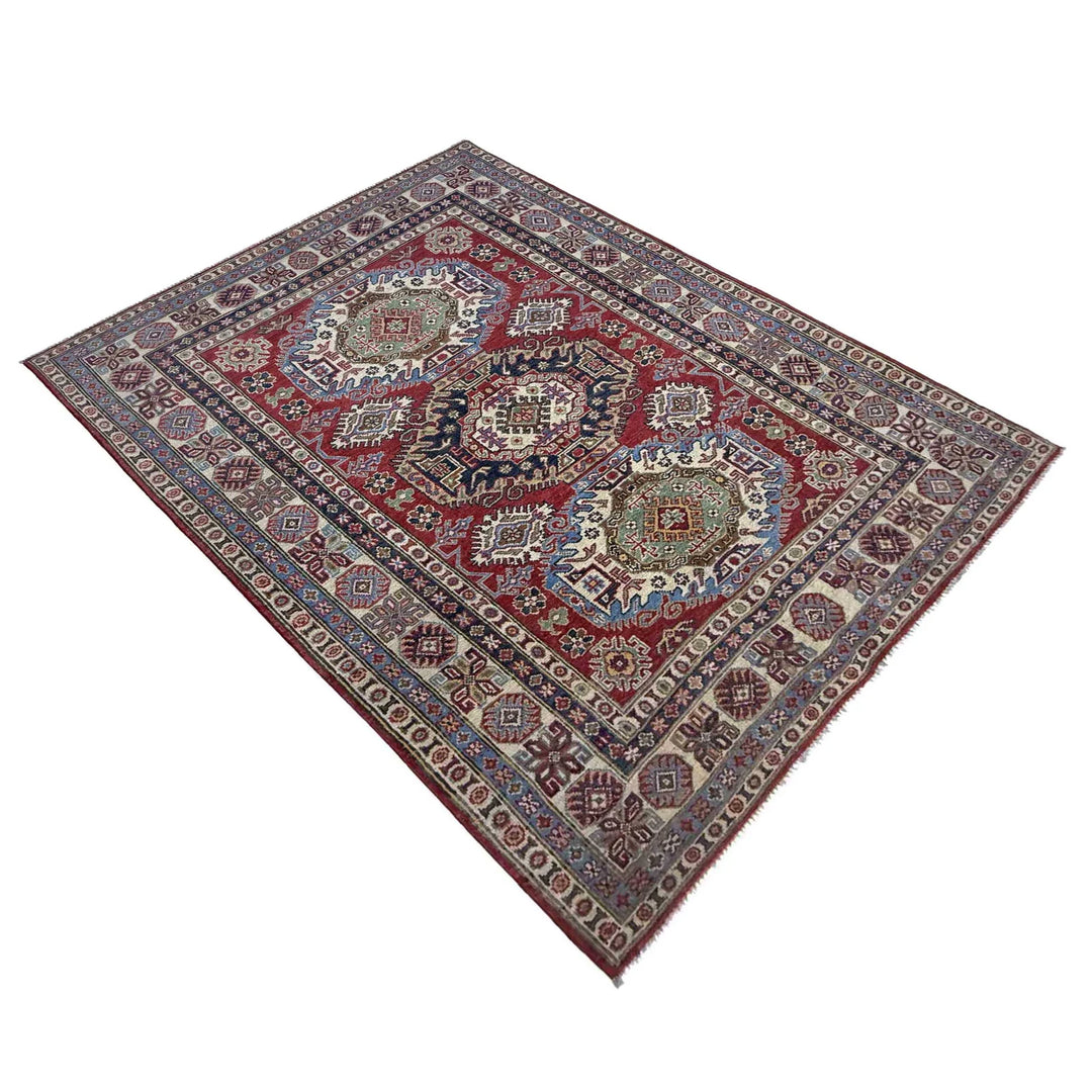 Red Afghan Kazak Rug 4' 11" x 7' 3" Hand-Knotted | No. AL61616