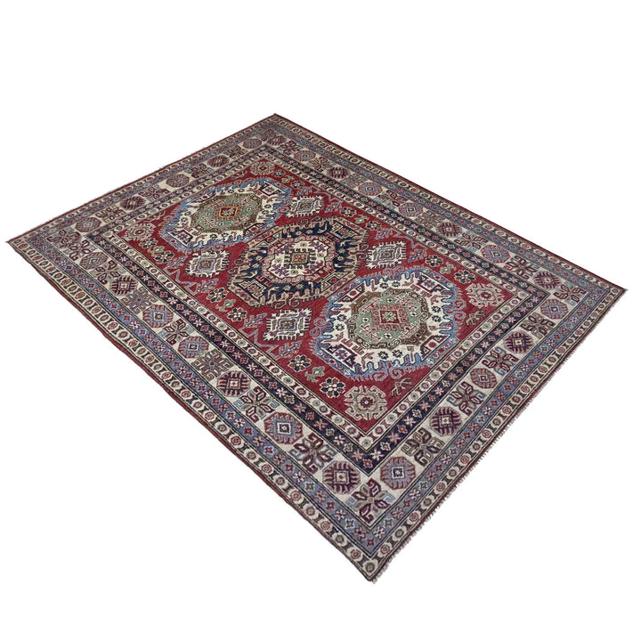 Red Afghan Kazak Rug 4' 11" x 7' 3" Hand-Knotted | No. AL61616