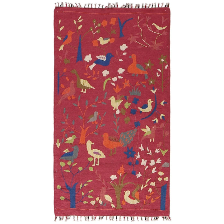 Red Pakistani Embroidery Kilim Rug 3' 0" x 5' 3" Flat-Weave | No. AL61629