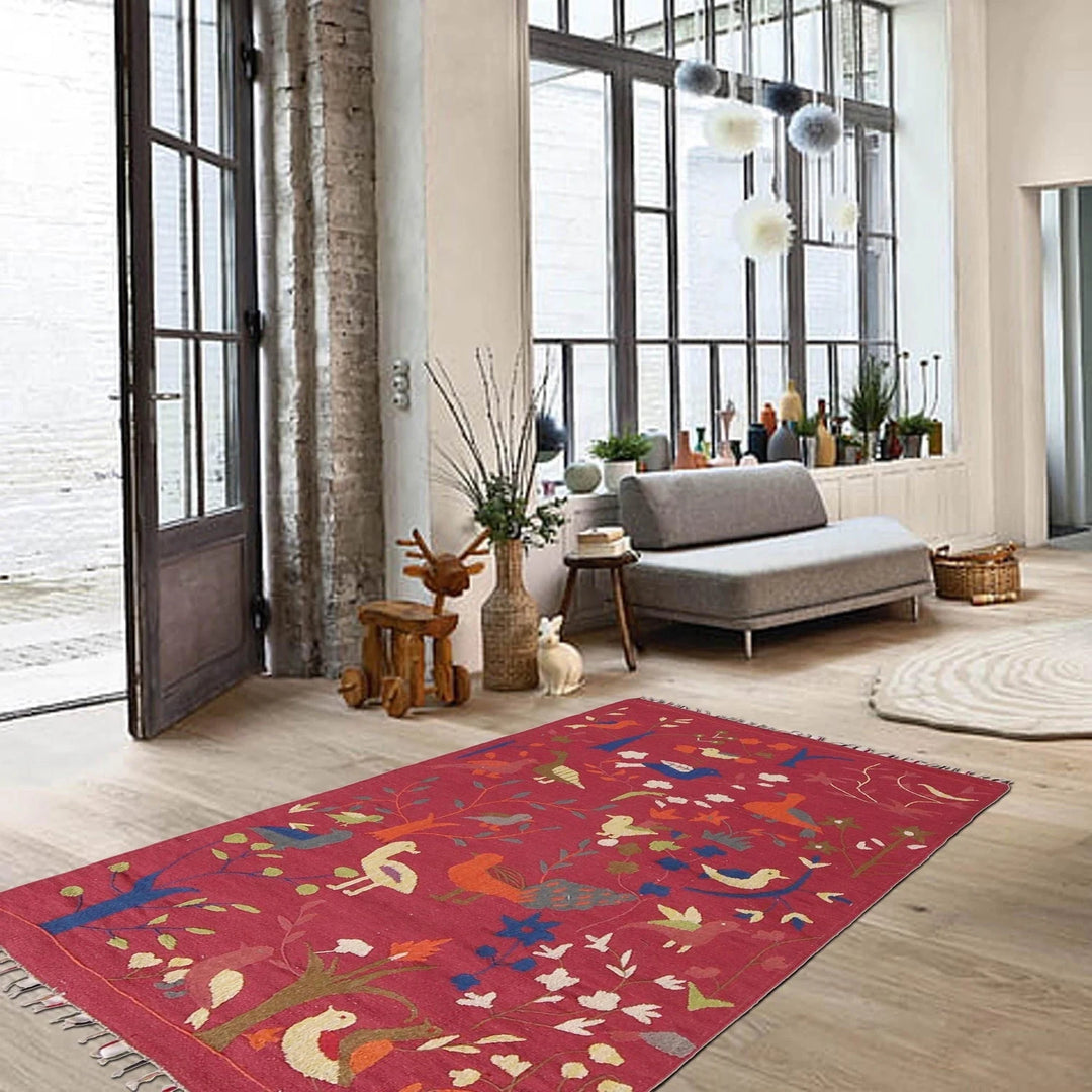 Red Pakistani Embroidery Kilim Rug 3' 0" x 5' 3" Flat-Weave | No. AL61629