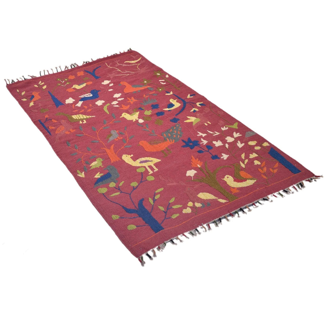 Red Pakistani Embroidery Kilim Rug 3' 0" x 5' 3" Flat-Weave | No. AL61629
