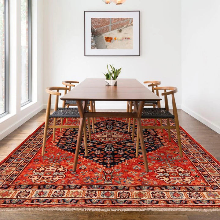 Red Afghan Sherazi Rug 6' 0" x 7' 7" Hand-Knotted | No. AL61666