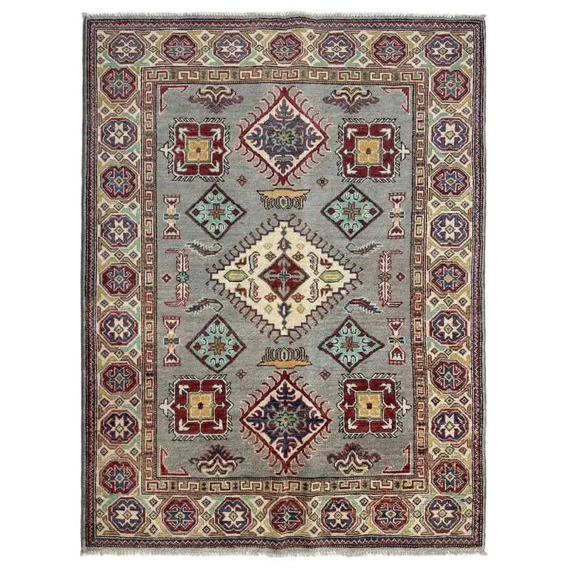 Gray Afghan Kazak Rug 4' 8" x 6' 5" Hand-Knotted | No. AL61671