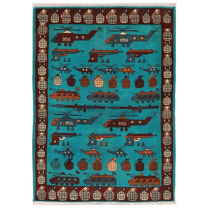 Blue Afghan War Rug 3' 5" x 4' 9" Hand-Knotted | No. AL61970