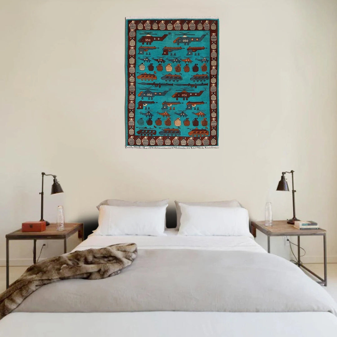 Blue Afghan War Rug 3' 5" x 4' 9" Hand-Knotted | No. AL61970