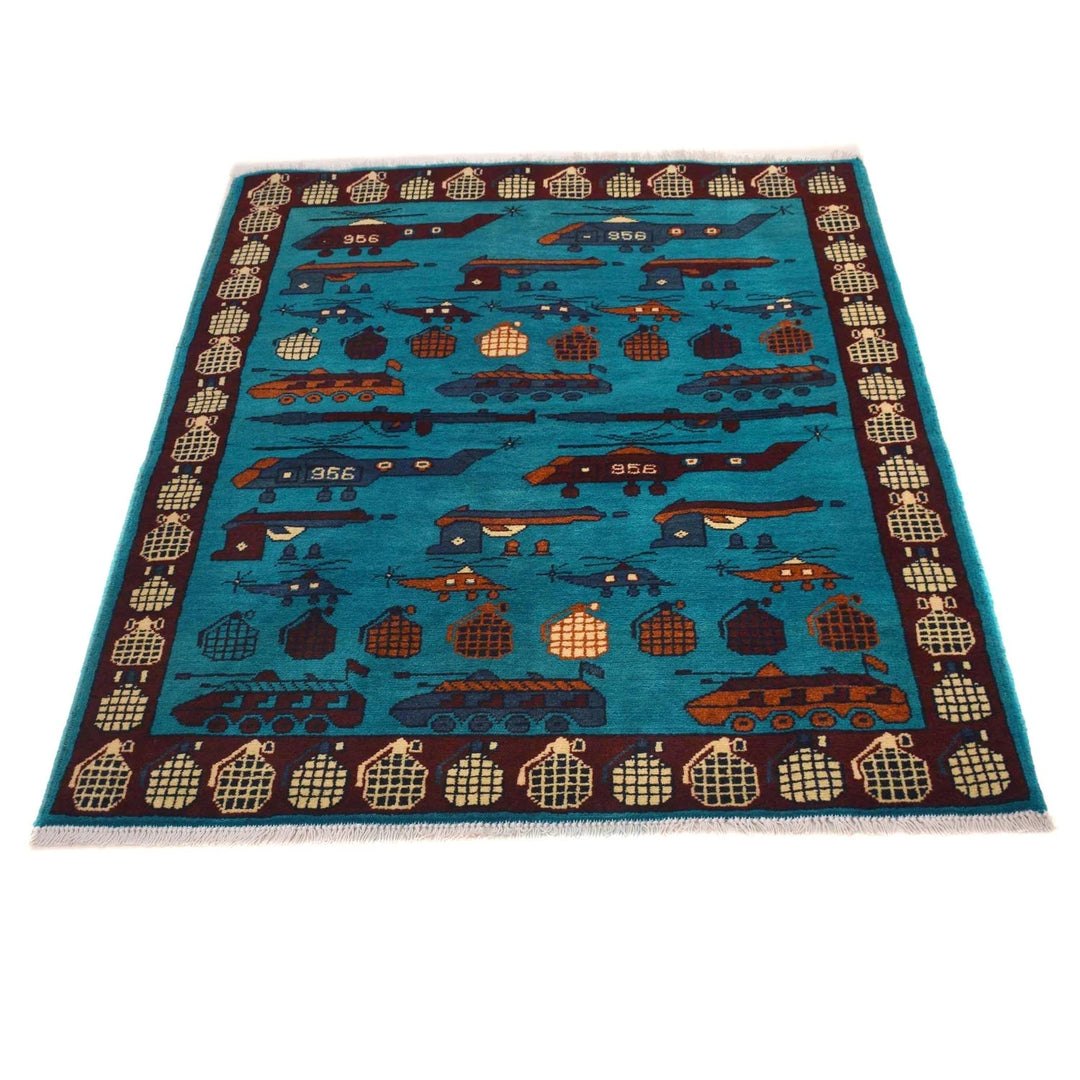 Blue Afghan War Rug 3' 5" x 4' 9" Hand-Knotted | No. AL61970