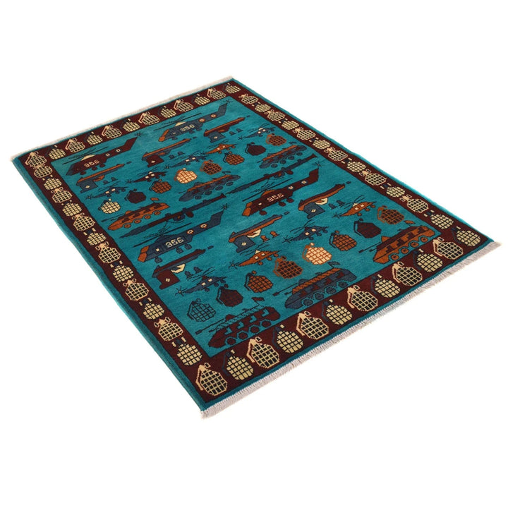Blue Afghan War Rug 3' 5" x 4' 9" Hand-Knotted | No. AL61970