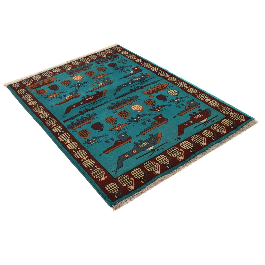 Blue Afghan War Rug 3' 5" x 4' 9" Hand-Knotted | No. AL61970