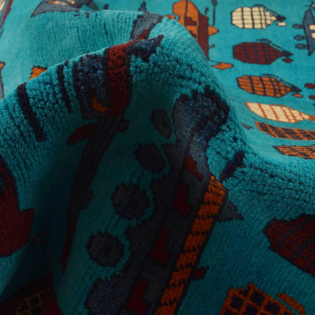 Blue Afghan War Rug 3' 5" x 4' 9" Hand-Knotted | No. AL61970