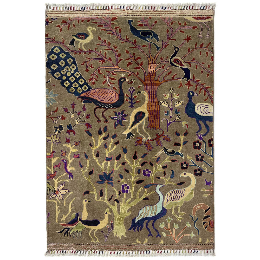 Brown Afghan Tree Of Life Rug 3' 3" x 4' 6" Hand-Knotted | No. AL620306
