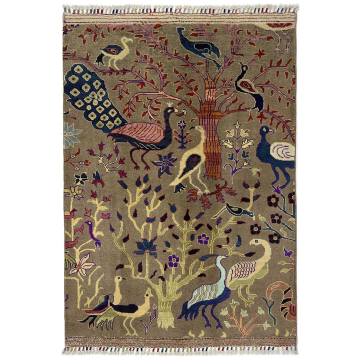 Brown Afghan Tree Of Life Rug 3' 3" x 4' 6" Hand-Knotted | No. AL620306