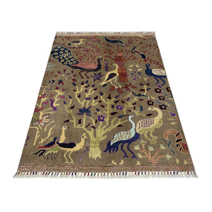Brown Afghan Tree Of Life Rug 3' 3" x 4' 6" Hand-Knotted | No. AL620306