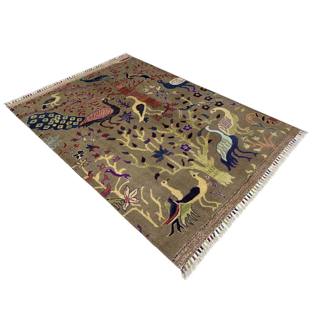 Brown Afghan Tree Of Life Rug 3' 3" x 4' 6" Hand-Knotted | No. AL620306