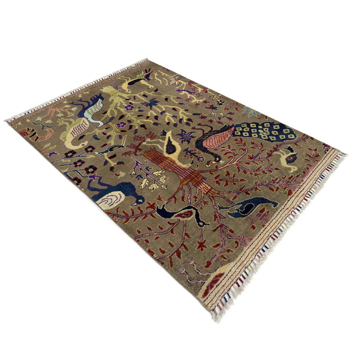 Brown Afghan Tree Of Life Rug 3' 3" x 4' 6" Hand-Knotted | No. AL620306