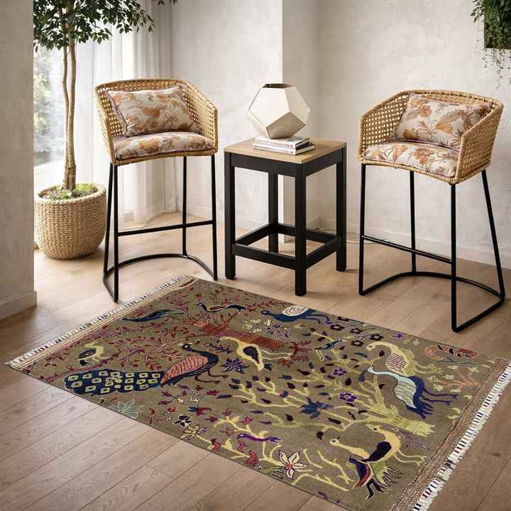 Brown Afghan Tree Of Life Rug 3' 3" x 4' 6" Hand-Knotted | No. AL620306