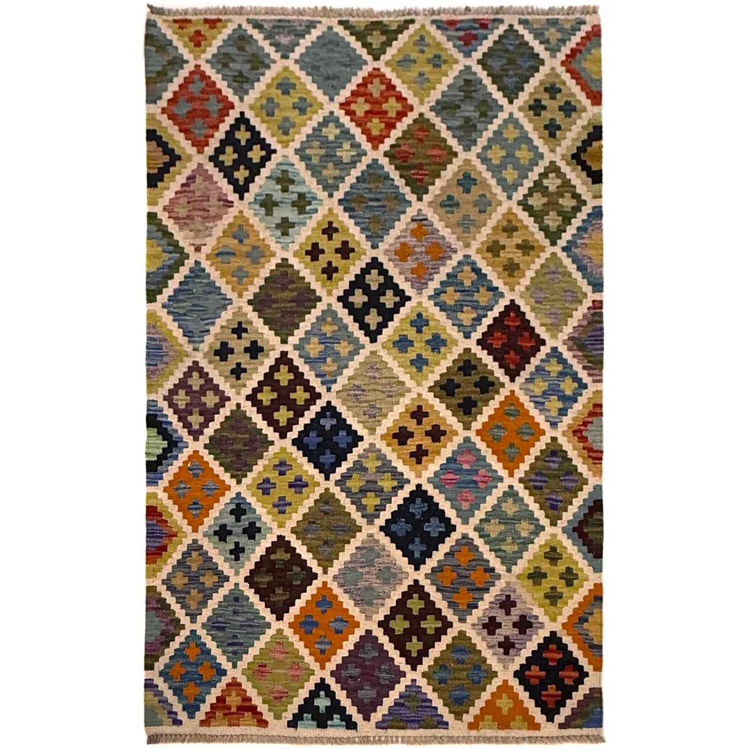 Afghan Vegetable Kilim Rug 3' 3" x 4' 10" Flat-Weave | No. AL62096