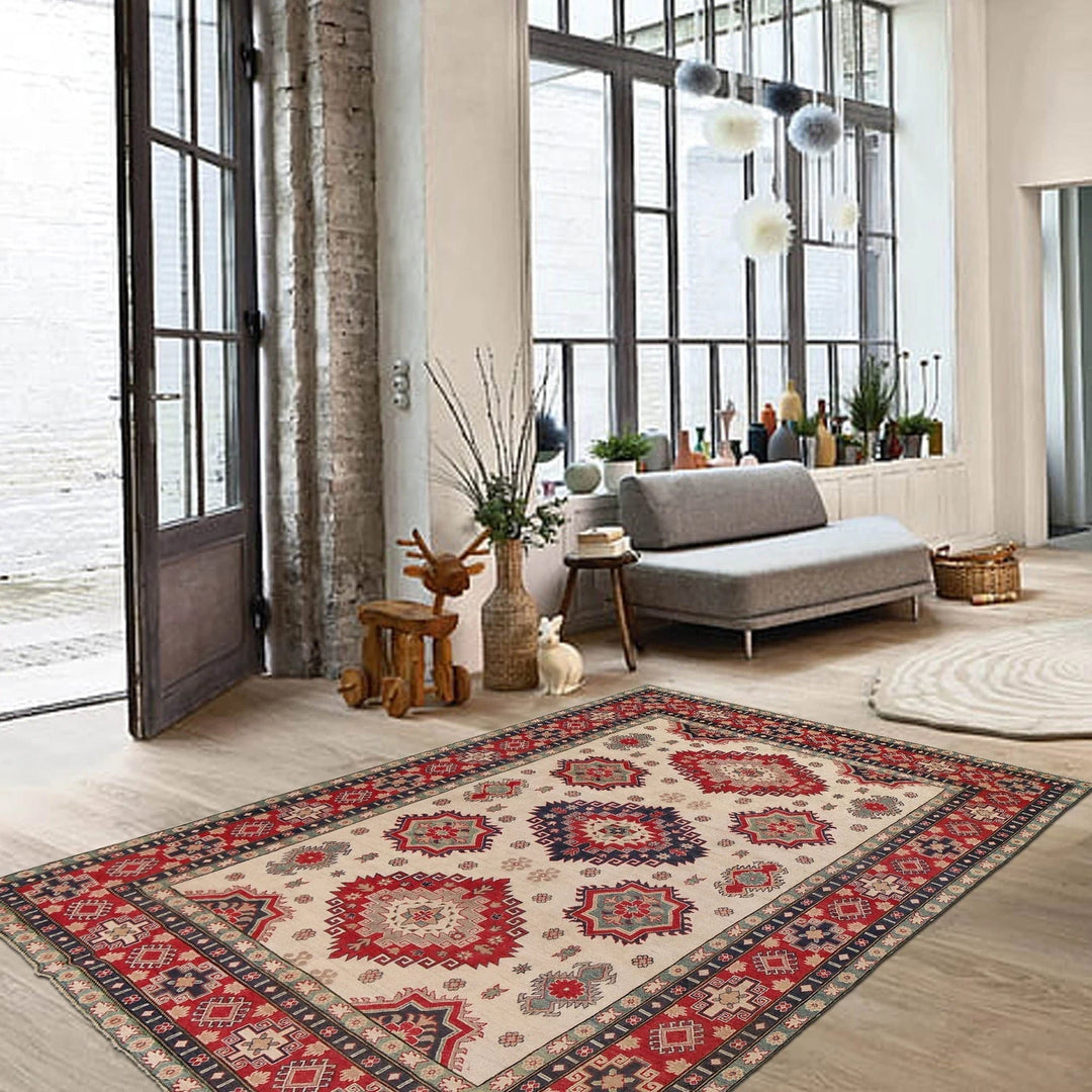 Ivory Afghan Kazak Rug 8' 5" x 12' 2" Hand-Knotted | No. AL62168