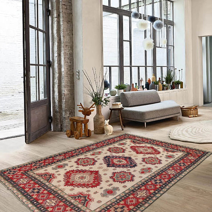 Ivory Afghan Kazak Rug 8' 5" x 12' 2" Hand-Knotted | No. AL62168