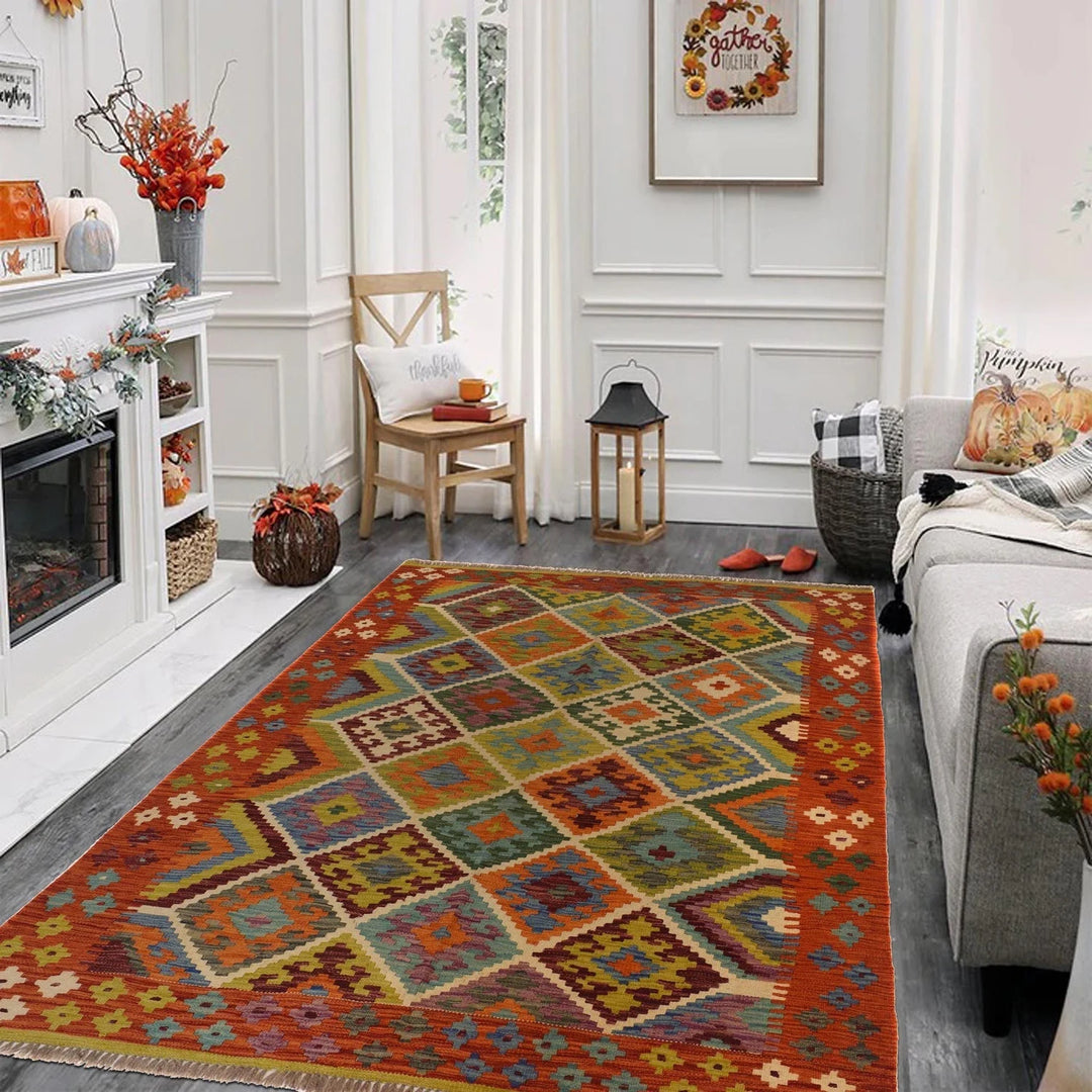 Afghan Kilim Rug 5' 1" x 6' 4" Flat-Weave | No. AL62202