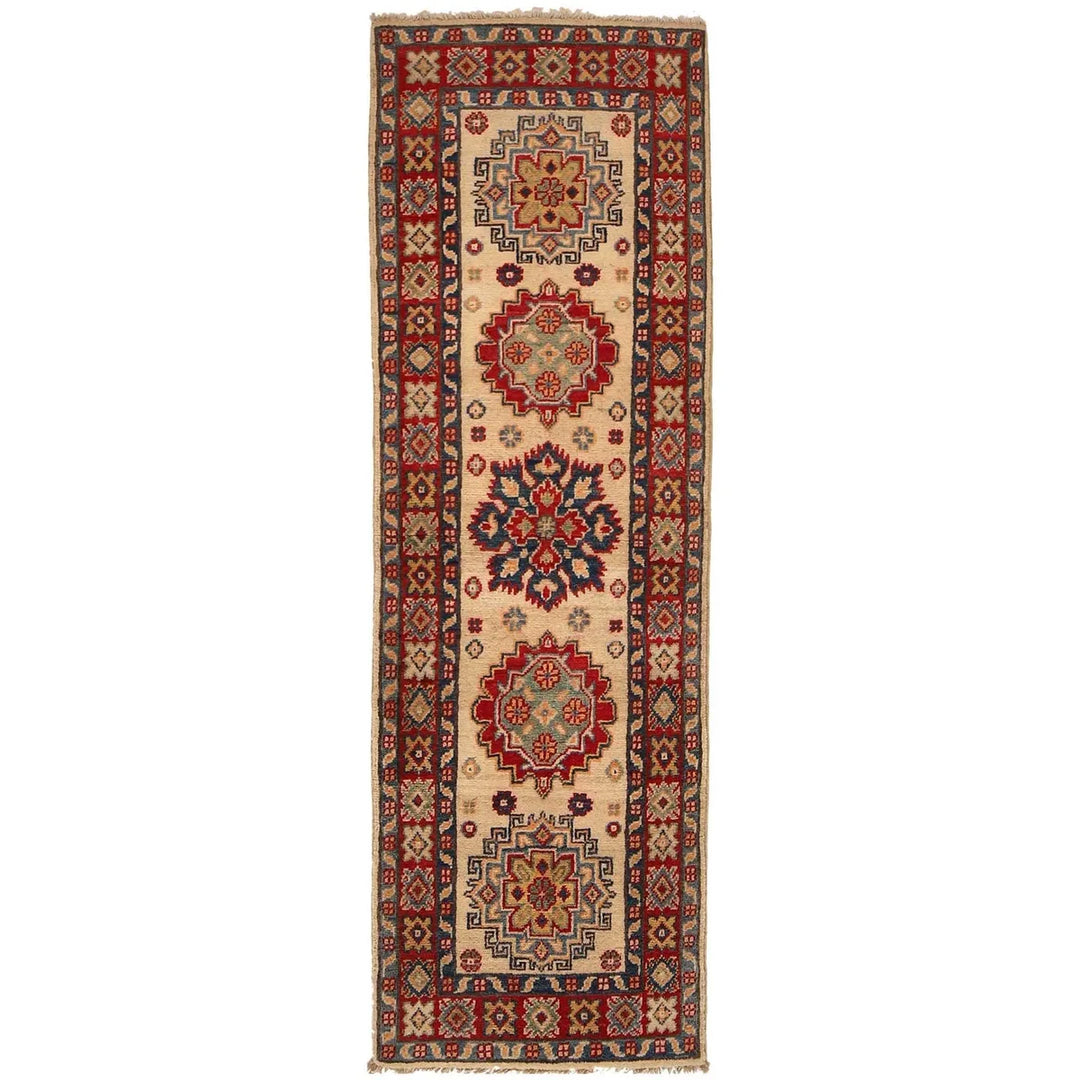 Beige Afghan Kazak Rug 2' 1" x 6' 2" Hand-Knotted | No. AL62211