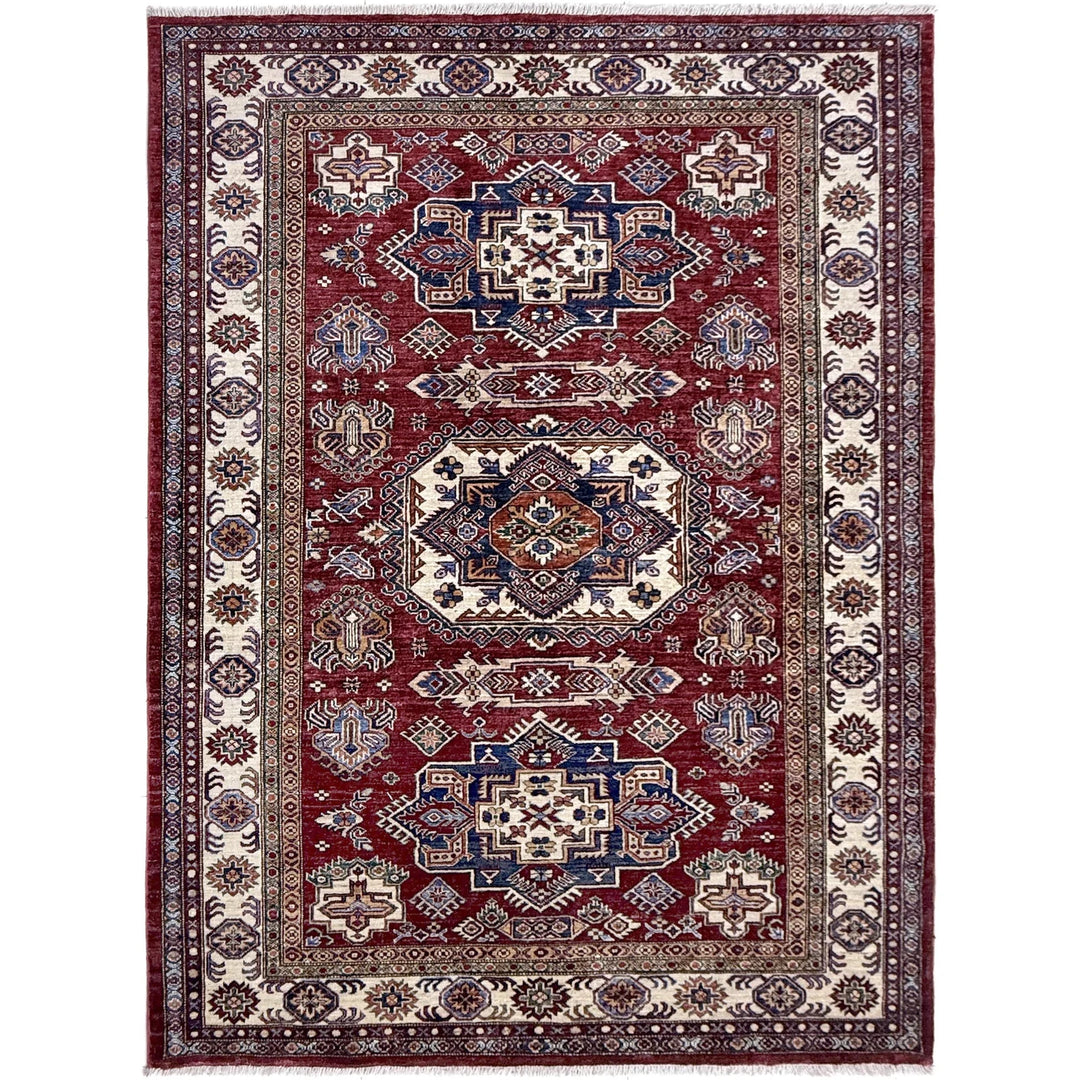 Red Afghan Kazak Rug 5' 10" x 7' 6" Hand-Knotted | No. AL62399