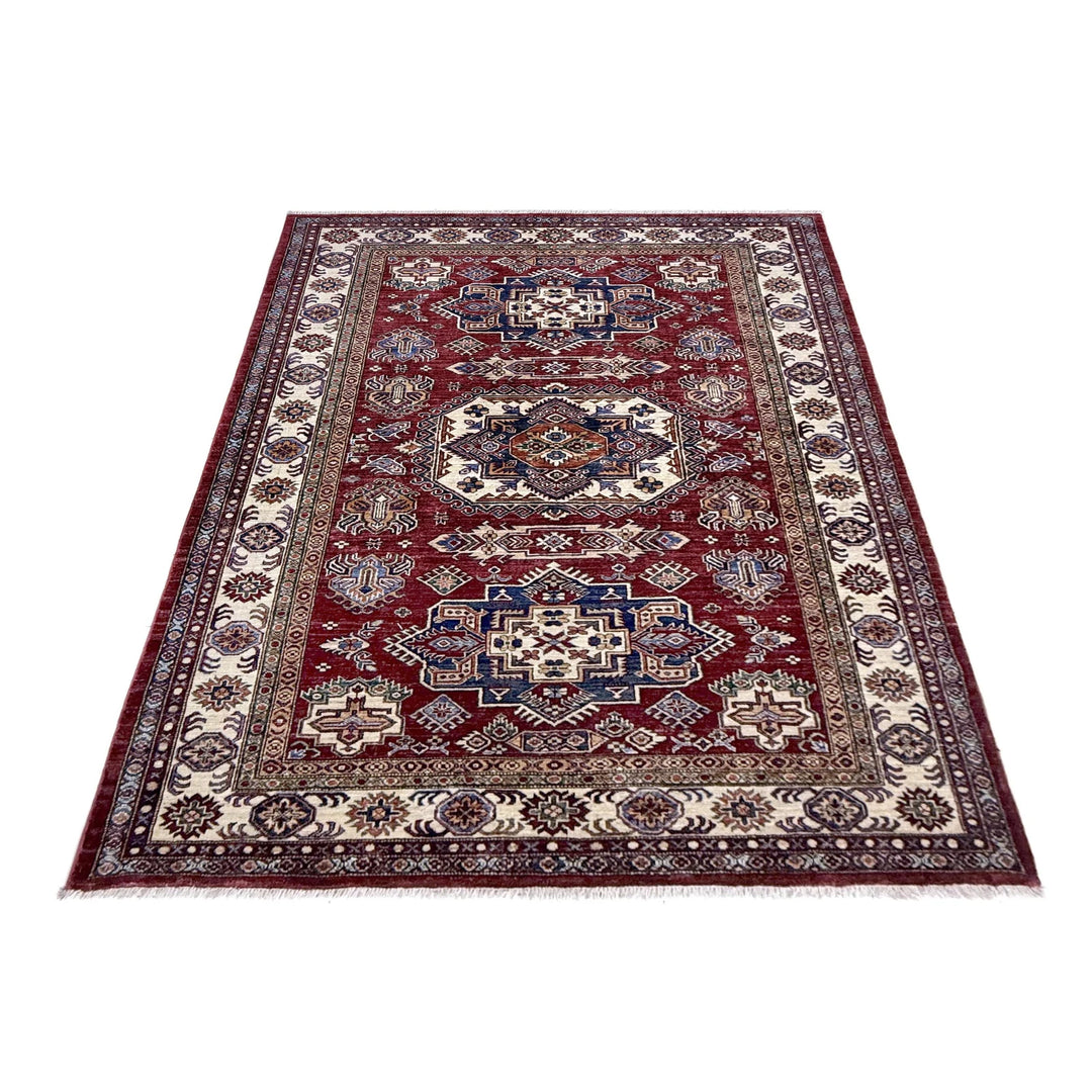 Red Afghan Kazak Rug 5' 10" x 7' 6" Hand-Knotted | No. AL62399