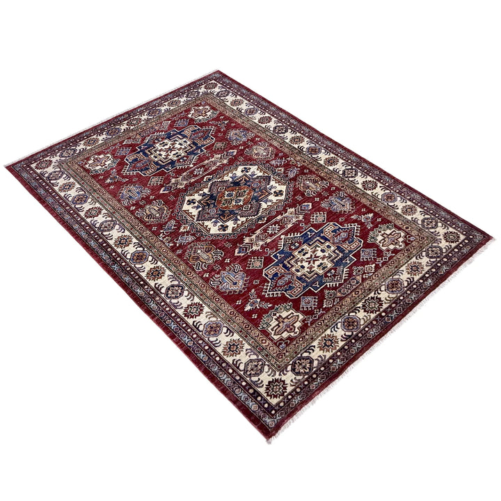 Red Afghan Kazak Rug 5' 10" x 7' 6" Hand-Knotted | No. AL62399
