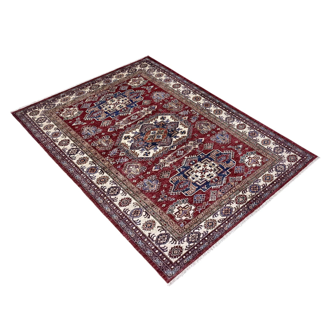 Red Afghan Kazak Rug 5' 10" x 7' 6" Hand-Knotted | No. AL62399