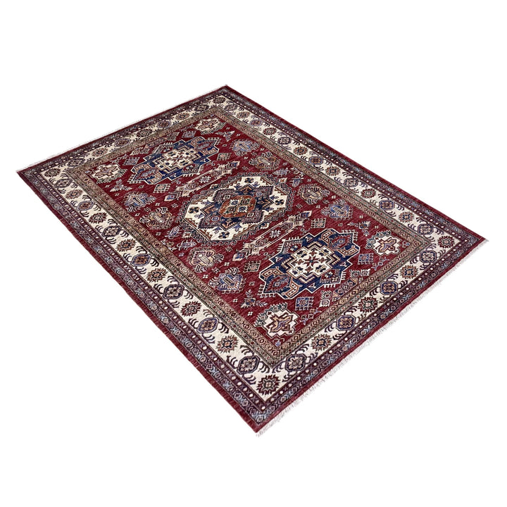 Red Afghan Kazak Rug 5' 10" x 7' 6" Hand-Knotted | No. AL62399