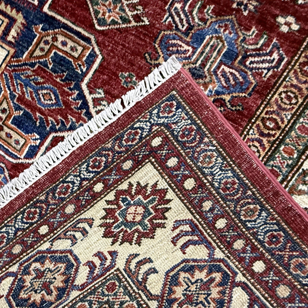 Red Afghan Kazak Rug 5' 10" x 7' 6" Hand-Knotted | No. AL62399