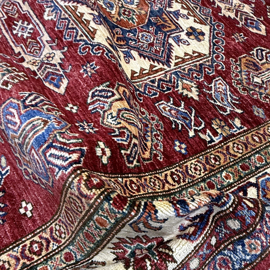 Red Afghan Kazak Rug 5' 10" x 7' 6" Hand-Knotted | No. AL62399
