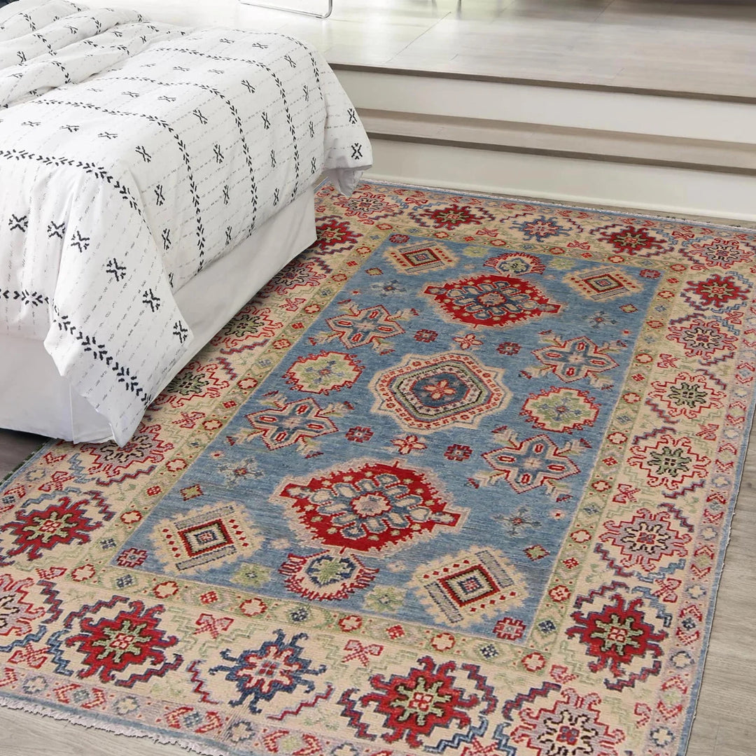 Blue Afghan Kazak Rug 3' 4" x 5' 0" Hand-Knotted | No. AL62440