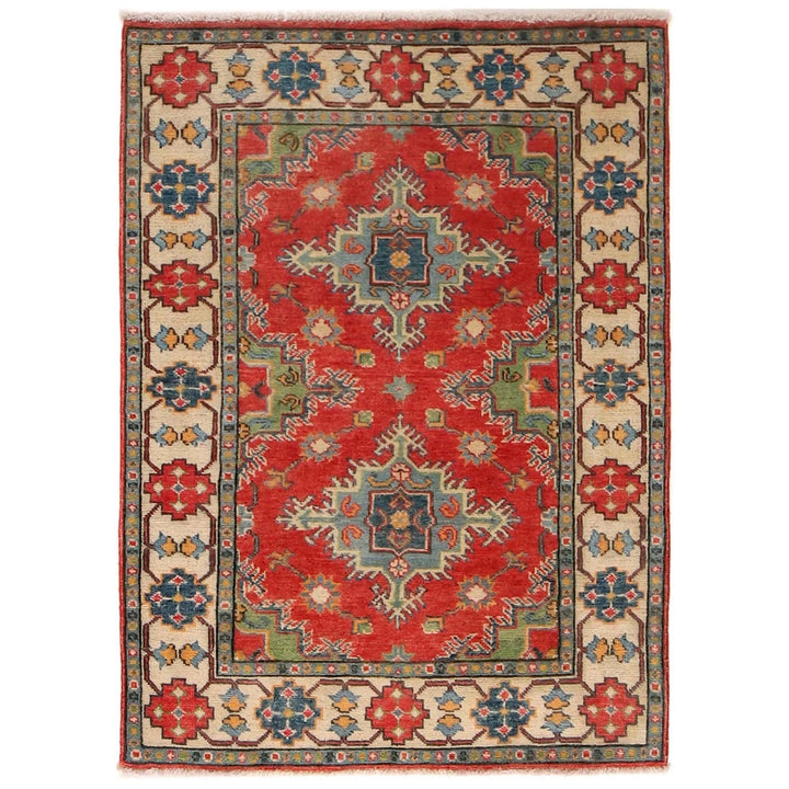 Red Afghan Kazak Rug 3' 4" x 4' 8" Hand-Knotted | No. AL62522