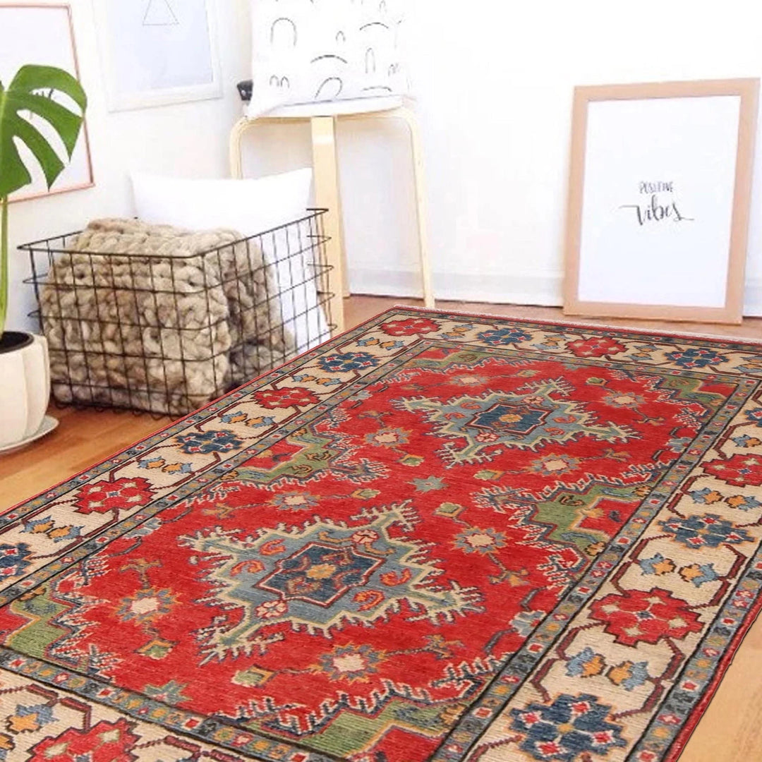 Red Afghan Kazak Rug 3' 4" x 4' 8" Hand-Knotted | No. AL62522