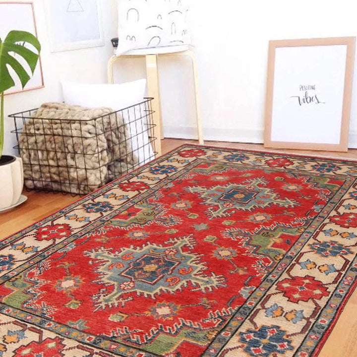Red Afghan Kazak Rug 3' 4" x 4' 8" Hand-Knotted | No. AL62522